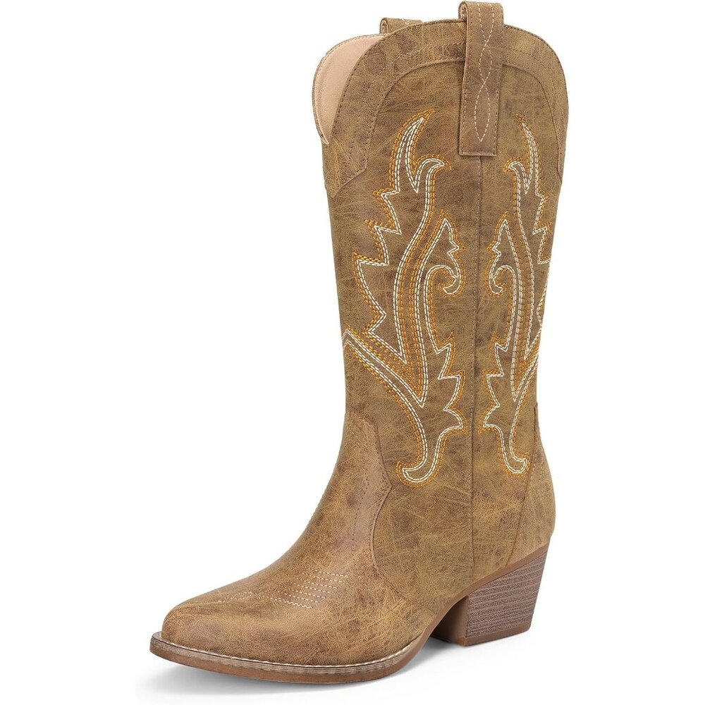 Women's Tan Western Embroidered Pointed Toe Low Heel Mid Calf Boot Low Heel